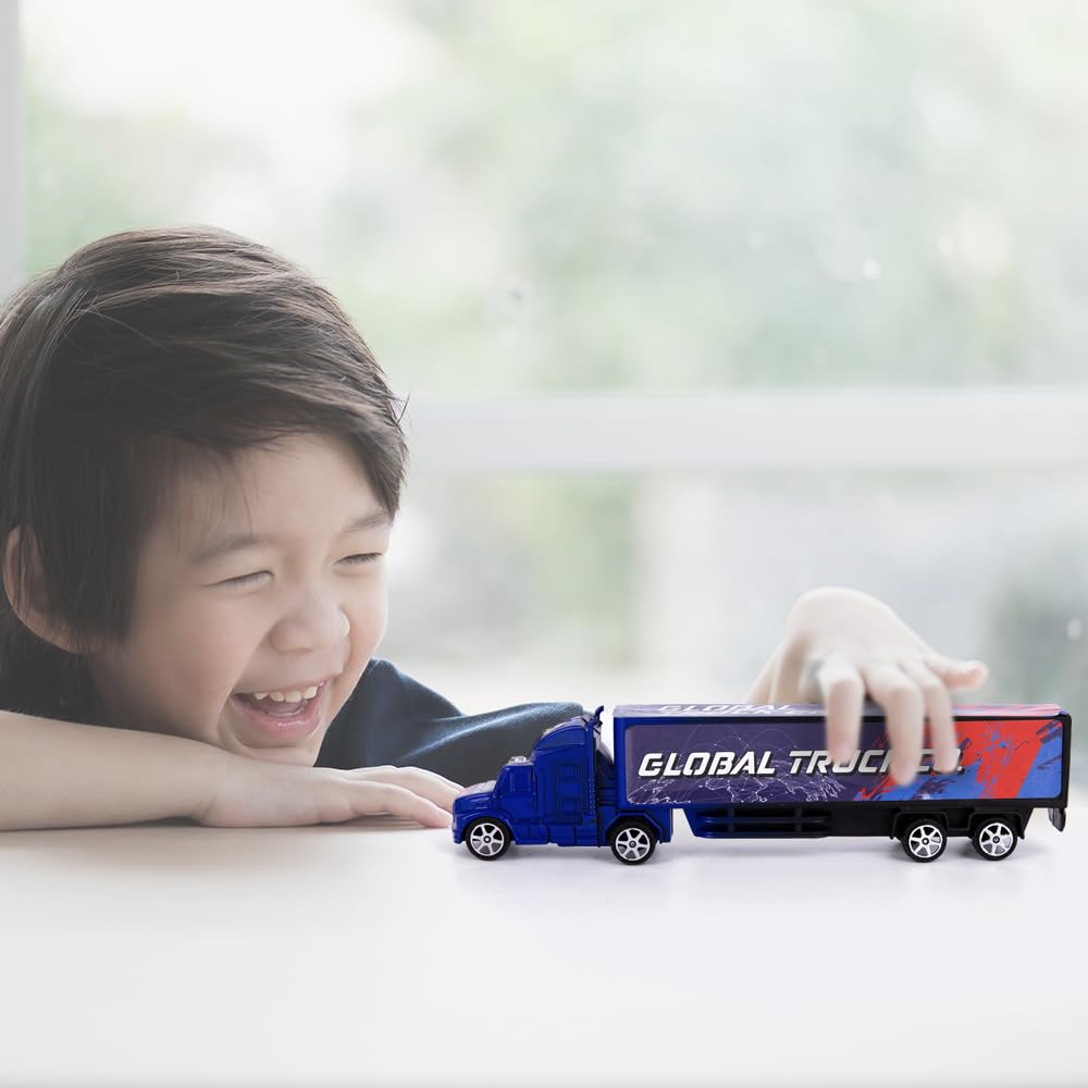 ArtCreativity Semi Truck Toys for Boys, Set of 2, Pull Back Truck Toys for Kids in Red & Blue, Trailer Trucks for Hours of Prete