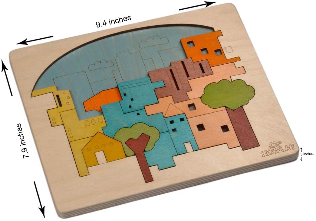 Ekoplay’S Multi Layered Wooden Puzzles For Kids, 23 Piece Jigsaw Puzzle For School Kids, Learning Educational Toys Gifts For Boys Girls. Construction Puzzles Sets, City Construction.