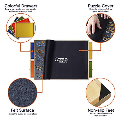 Puzzle Ready Puzzle Board With Drawers & Cover - 1000 Pieces Wooden Jigsaw Puzzle Table Mat With Lazy Susan Spinning Cover & Colorful Sorting Trays For Family - 24”X 30”