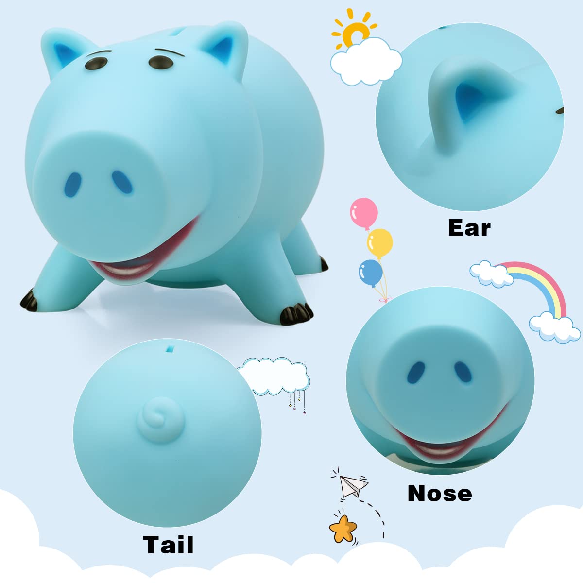 PHOCAS Hamm Piggy Bank Cute Blue Pig Money Box Plastic Saving Coin Box Money Bank for Kids Christmas Birthday Gift with Gift