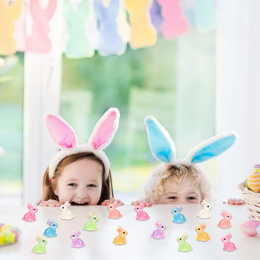 DULEFUN 70pcs Easter Luminous Mini Resin Bunny 7 Colors Little Small Glow in The Dark Rabbit Bunny Figures for Dollhouse Micro F
