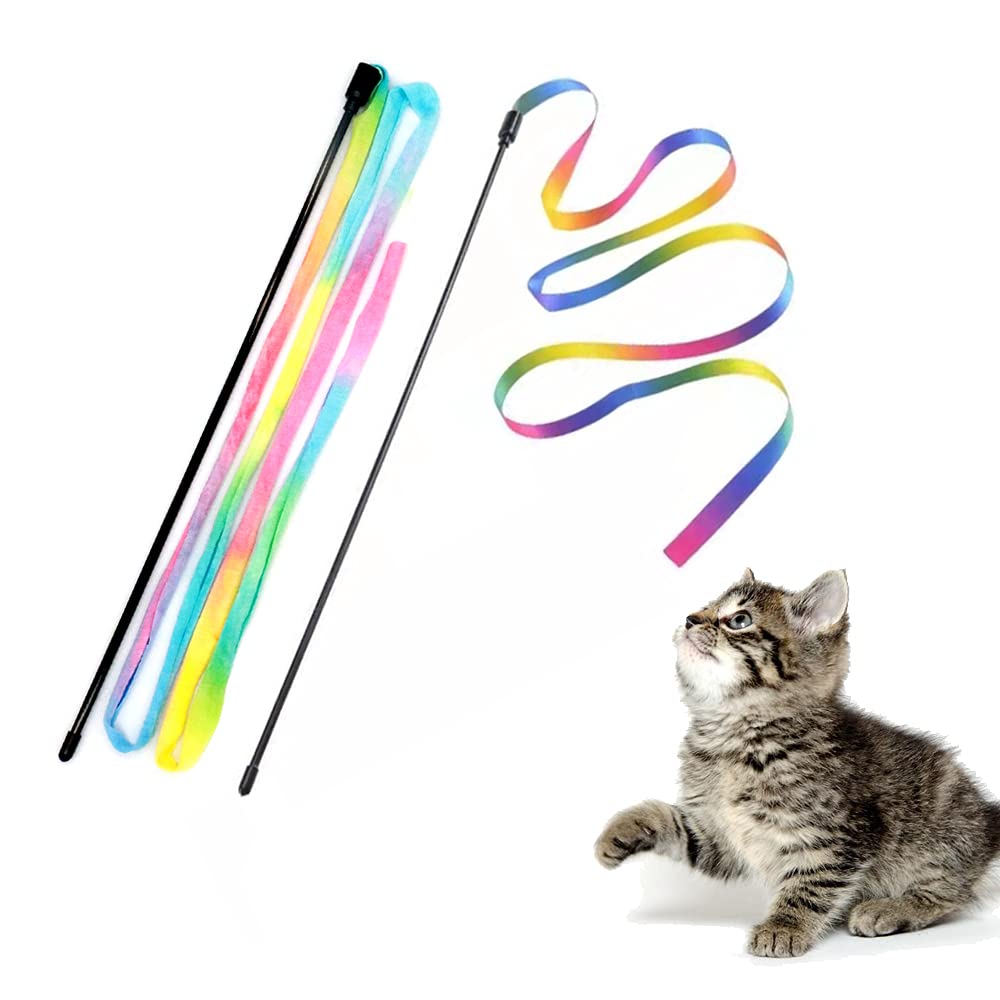 LASOcUHOO Interactive cat Rainbow Wand Toys Interactive cat Teaser Wand String colorful Ribbon charmer for Kittens - 2 PcS-New