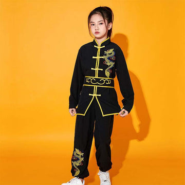 Yemyiqz Kung Fu Uniform For Boys Girls Kids Traditional Chinese Embroidered Tai Chi Wing Chun Master Martial Arts Set Outfit (Black, L)