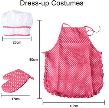 Chef Set for Kids,11pcs Kitchen Costume Role Play Kits, Girls Apron with Chef Hat,Cooking Mitt and Cookie Cutters (Rose red)