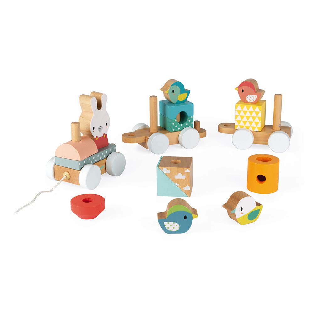 Janod Pure 2-In1 Stacking And Pull-Along Wood Train - Ages 1+ - J05157