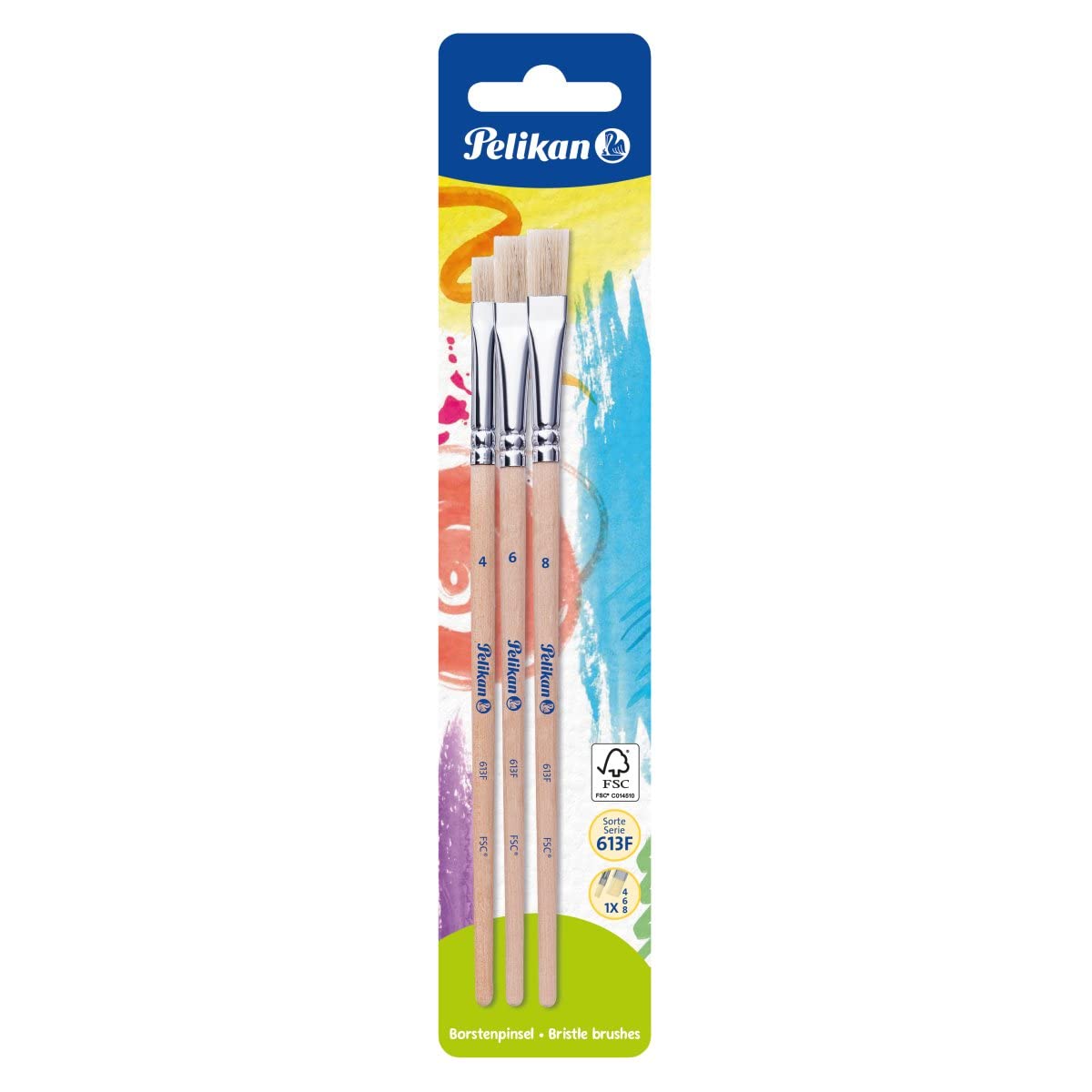 Pelikan 700368 Type 613F 3 Sizes 4, 6 and 8 Pack of 3, Bristle Brush: S 613, Gre: 4,6,8