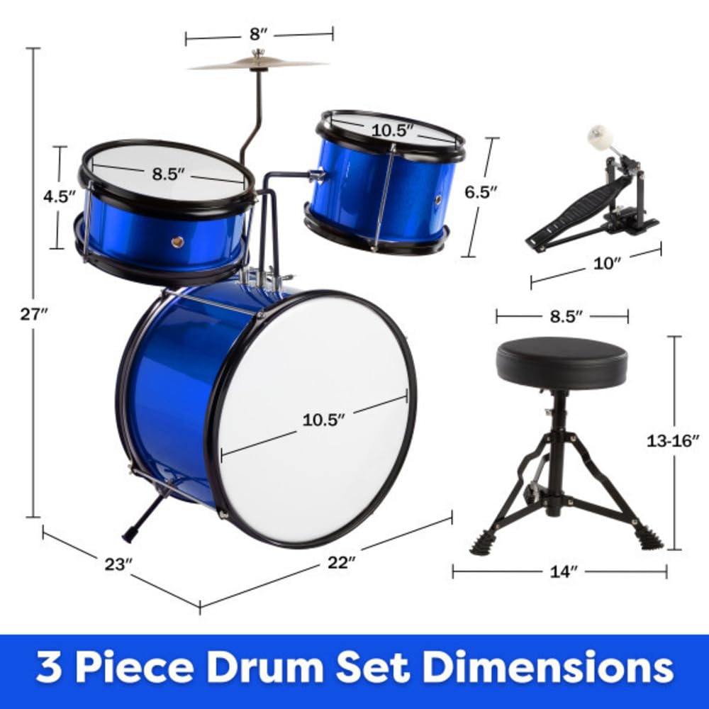 Hey Play Kids 3-Piece Drum Set - Kit With Cymbal, 2 Toms, Bass And Pedal, Drumsticks And Throne - Beginner Musical Instruments (