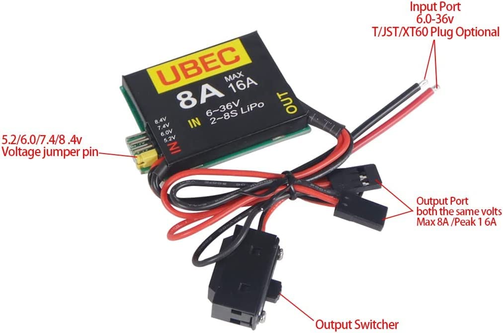 SoloGood 2S-8S Lipo 6-36V UBEC-8A BEC 5.2V/6.0V/7.4V/8.4V Servo Independent Power Supply Suitable for RC Sutomotive Fixed Wing A
