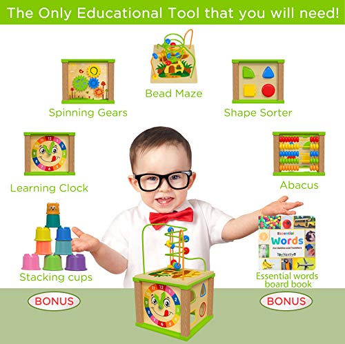 TOYVENTIVE Wooden Activity Cube - Montessori Sensory Toy for 1-2 Year Olds, Blue Table-Top Size, Perfect Birthday Gift with Bonus First Words Book