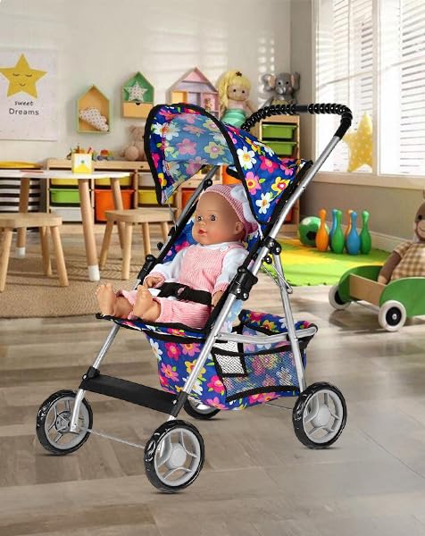 Baby Doll Stroller Gift for Kids, Toy Doll Stroller with Adjustable Canopy & Storage Basket Push Baby Stroller for Dolls Foldabl