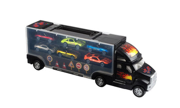 Big Mo's Toys Transport Car Carrier Truck with 6 Metal Racing Cars & Carrying Case - Multicolor Playset for Kids