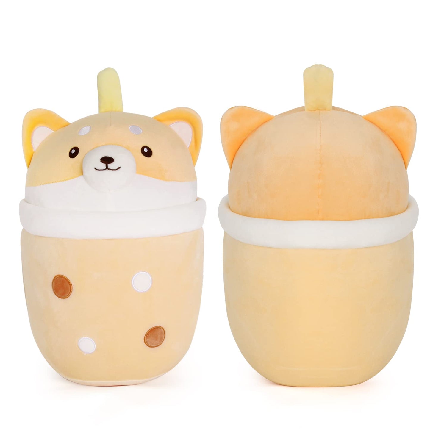 MMguai 14 inch Cute Big Boba Tea Shiba Inu Dog Plush Soft Hugging Pillow,Large Corgi Brown Pearl Milk Tea Stuffed Animals Toy Do