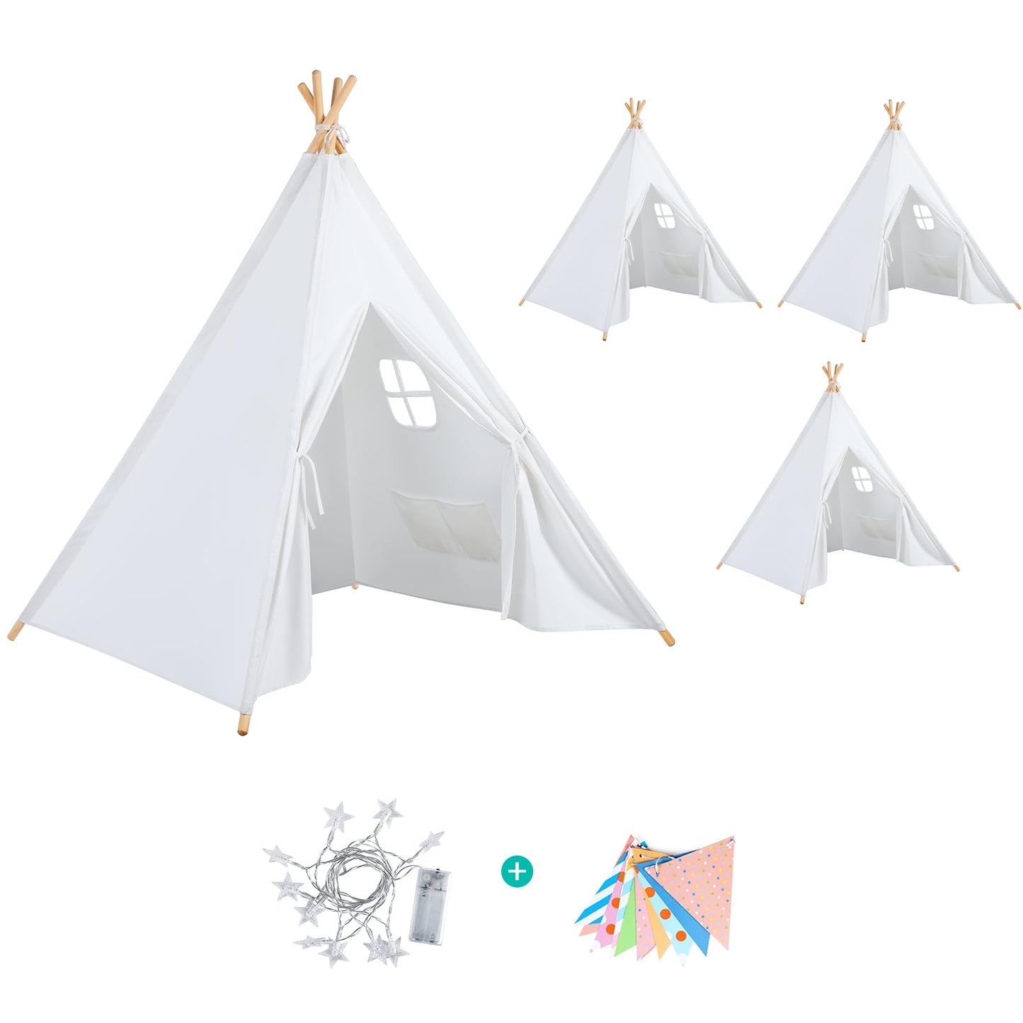 Wilwolfer 4 Pack Teepee Tent for Kids- Play Tent for Toddlers with Star Lights & Color Flags - Foldable Reading Nook for Boys &