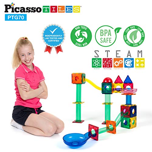 Picassotiles 70 Pcs Marble Run Maze Race Track Magnetic Tiles Magnet Building Block Educational Construction Toy Playset Stem Learning Kit Child Brain Development Hand Eye Coordination Training Ptg70