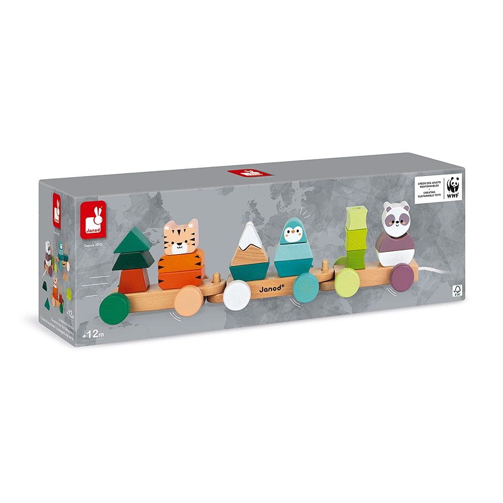 Janod World Wildlife Federation - Pull Along 21 Piece Animal Stacking Train - Ages 2+ - J08603