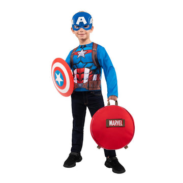 Marvel Captain America Superpower Pak - Backpack with 12-inch Removable Plastic Shield tossing Discs Long Sleeve Costume Top and Plastic Mask Multi - Youth Medium