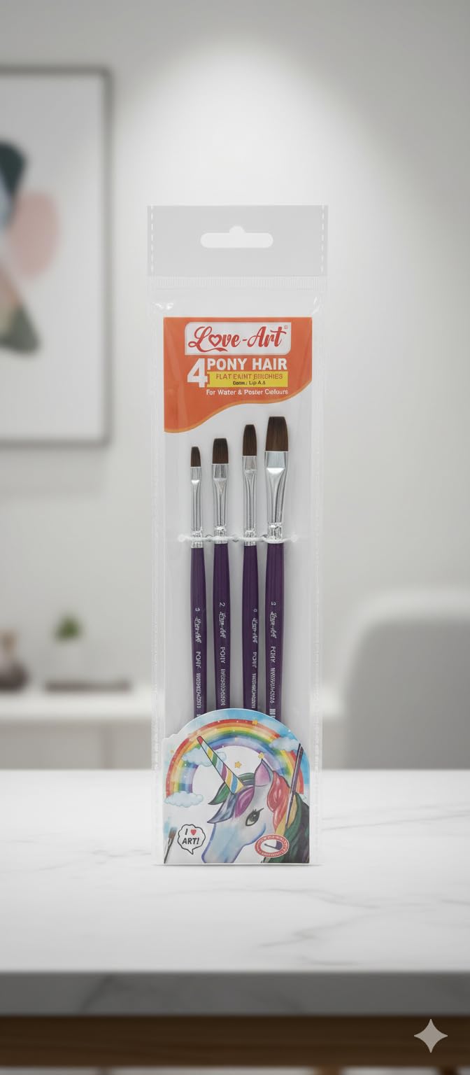 Pony Hair Flat Paint Brush Set of 4 (1, 2, 4, 6) X 2 Soft Flat Brushes for Watercolour & Poster Colour Smooth Strokes, Woode