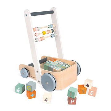 Janod Sweet Cocoon ABC Block Cart Toy - Push Toy with 20 Wooden ABC Blocks, Age 1+, Model J04408