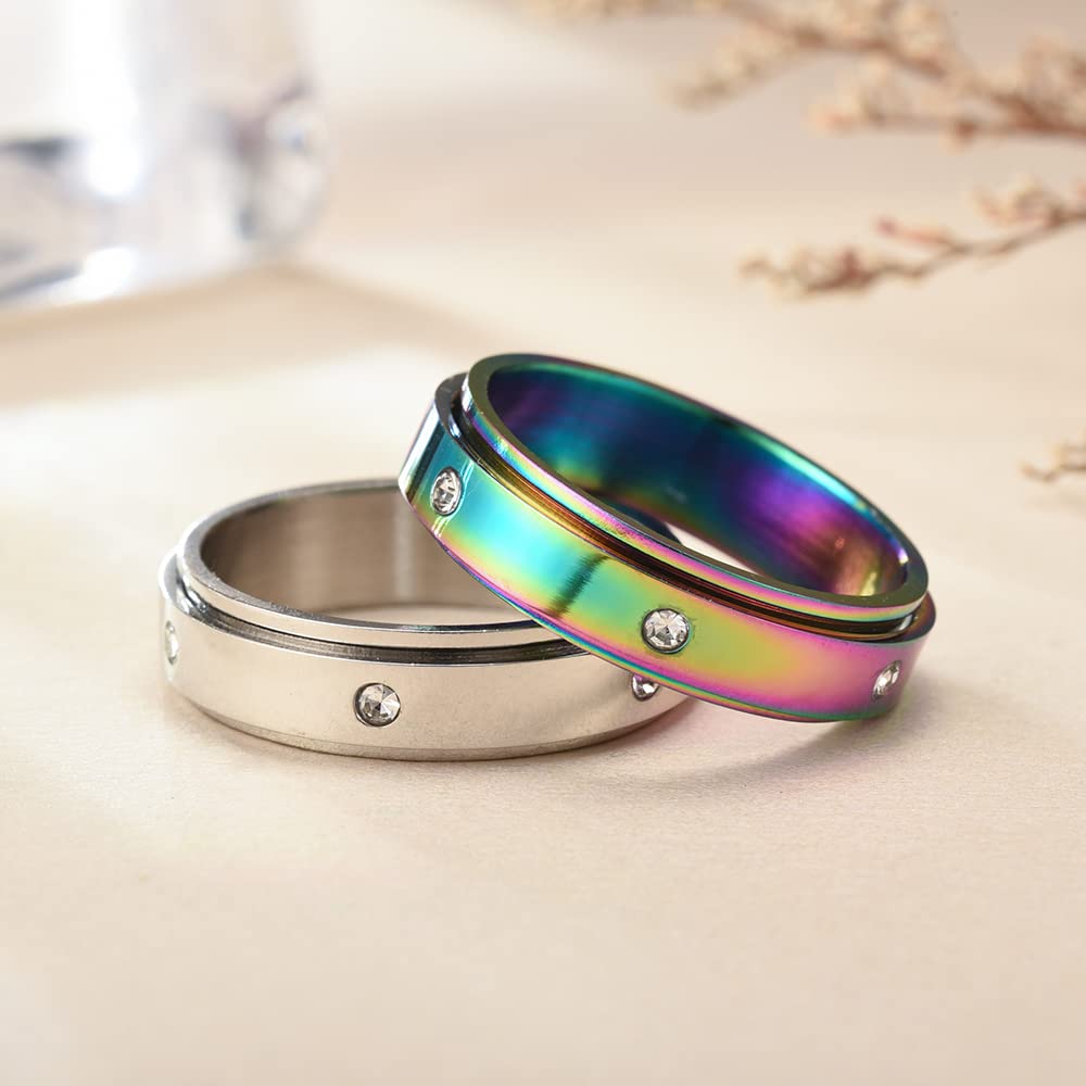 Fekang Anxiety Rings Fidget Rings For Women Stress Relief Spinner Rings For Teen Girls Stress Rings 4Pcs 6Mm Titanium Steel Rings Size 5-12 (5, 6Mm Spinner Rings 4Pcs/6 Cz Stones)