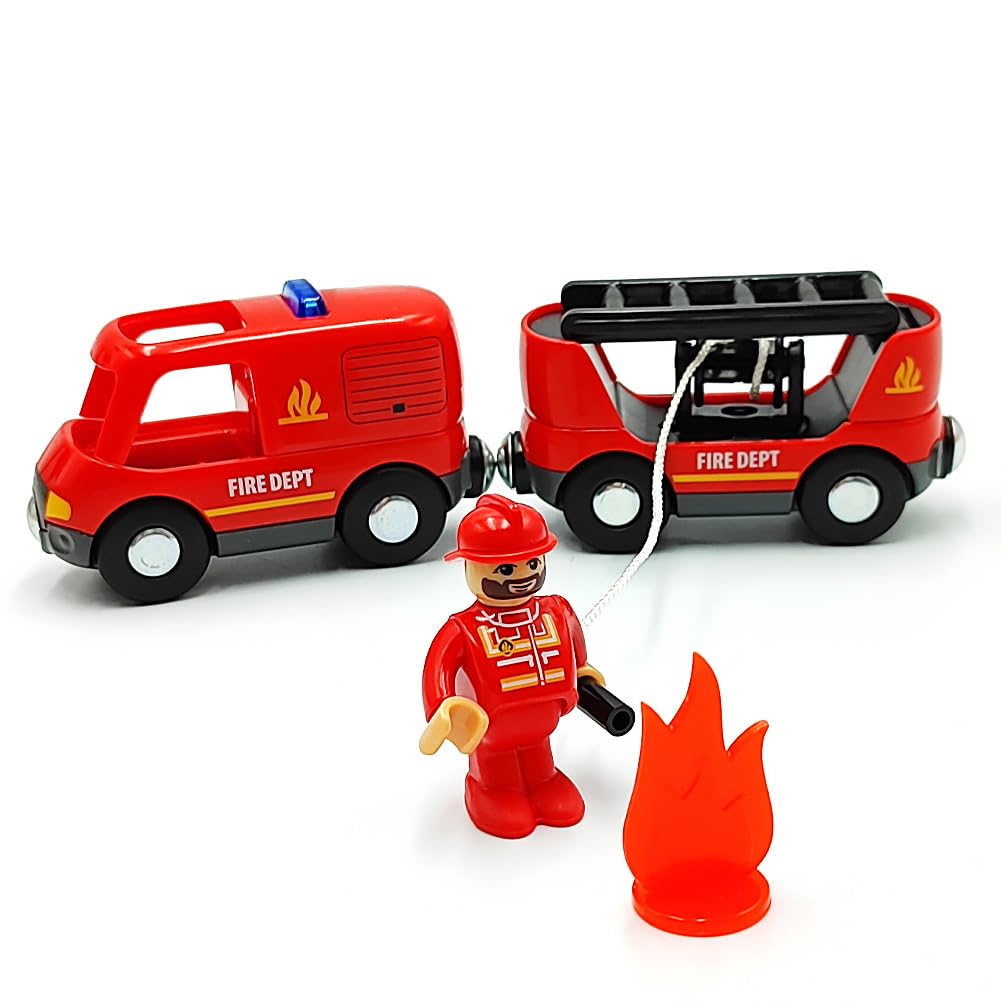 Magnetic Trains Cars Set Wooden Train Track Accessories Fire Truck Train Set For Toddlers 3-5 Wooden Train Sets For Boys Ages 3-4-7 (Fire Truck B (With Light And Sound))