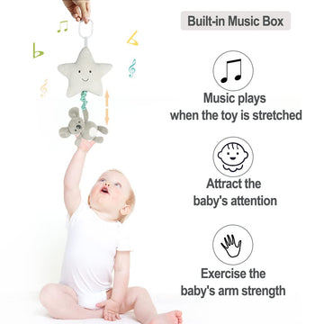 Blublu Park Baby Hanging Musical Toy With Music Box, Baby Lullaby Pull Musical Sensory Toys For Babies Boys And Girls, Clip On B