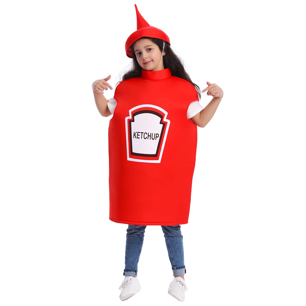 Dsplay Kids Mustard Ketchup Costume Halloween Party (10-12 Years, Red)