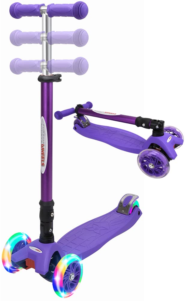 Chromewheels Scooters For Kids, Deluxe Kick Scooter Foldable 4 Adjustable Height 132Lbs Weight Limit 3 Wheel, Lean To Steer Led Light Up Wheels, Best Gifts For Girls Boys Age 3-12 Year Old, Purple