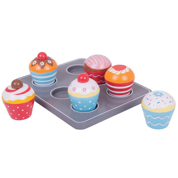 Bigjigs Toys Wooden Cupcakes Muffin Tray - Colorful Pretend Play Food for Creative Kids