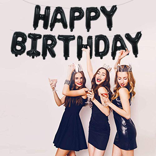 Toniful Black Happy Birthday Balloons Banner 16 Inch Mylar Foil Letters Birthday Sign Banner Bunting Reusable For Girls Boys Kid