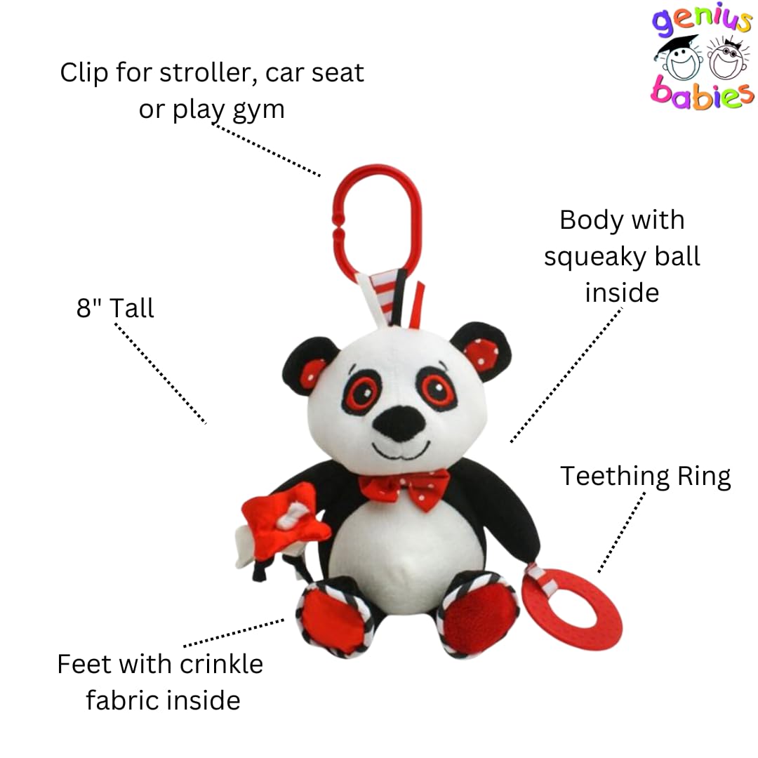Genius Baby Toys Panda Soft Sensory Toy With Teething Ring For Baby, Attaches To Stroller, 8'