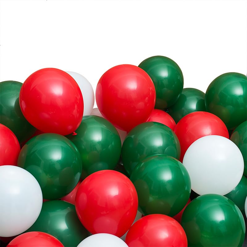 100 Pcs Christmas Red Green Balloons 12 Inch Red Green And White Latex Balloons With 65Ft Ribbon For Christmas Birthday Baby Sho