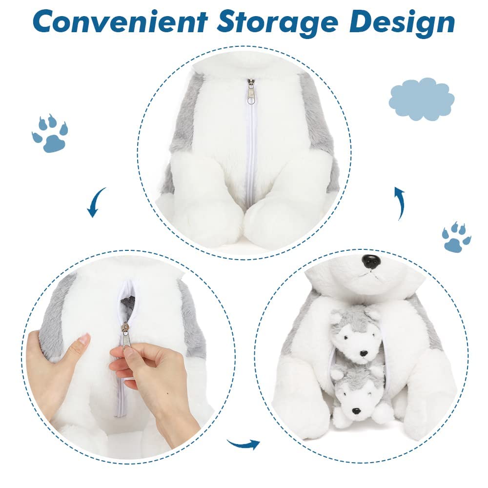 Muiteiur Dog Stuffed Animal Soft Plush Husky Zippered Belly Inside With 2 Cute Baby Puppy Great Gift Set For Kids, 16Inch