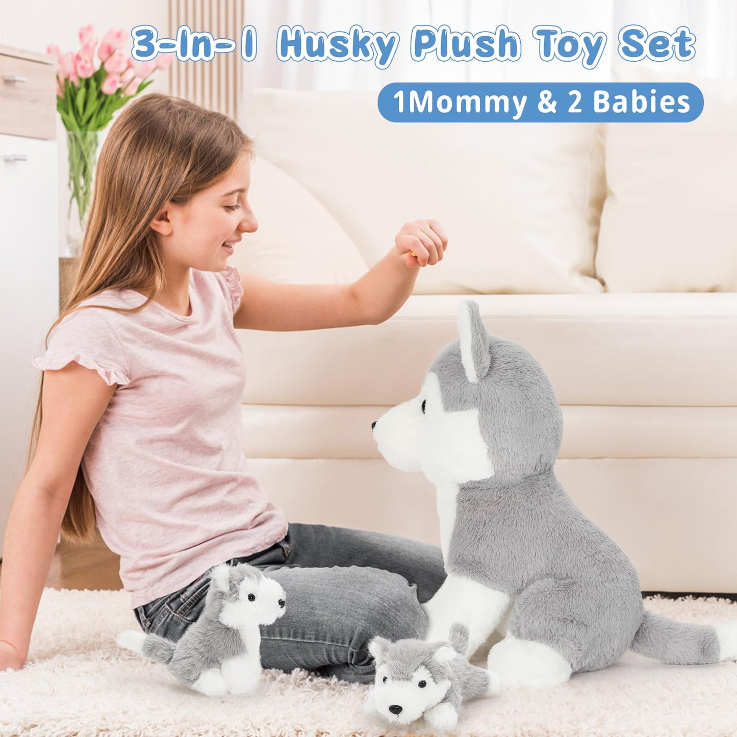 Muiteiur Plush Husky Dog Stuffed Animal, Soft Cotton, Gray, 16-inch, Zippered Belly with 2 Cute Baby Puppies, Great Gift for Kids