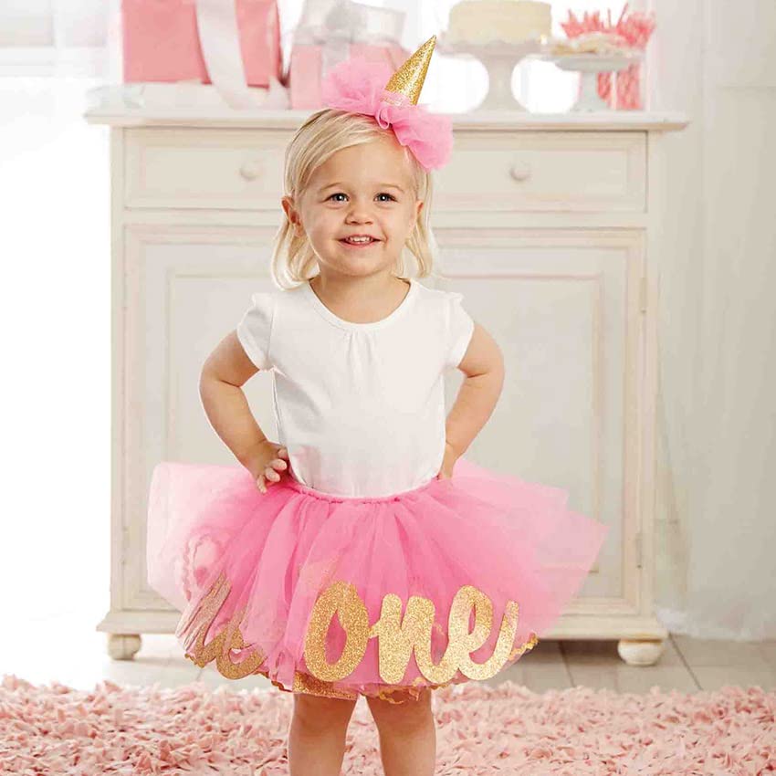 Mud Pie Baby Girls Glitter Party Hat Headband And Tutu Set Special Occasion Dress, Pink,Gold, 0-18 Months Us