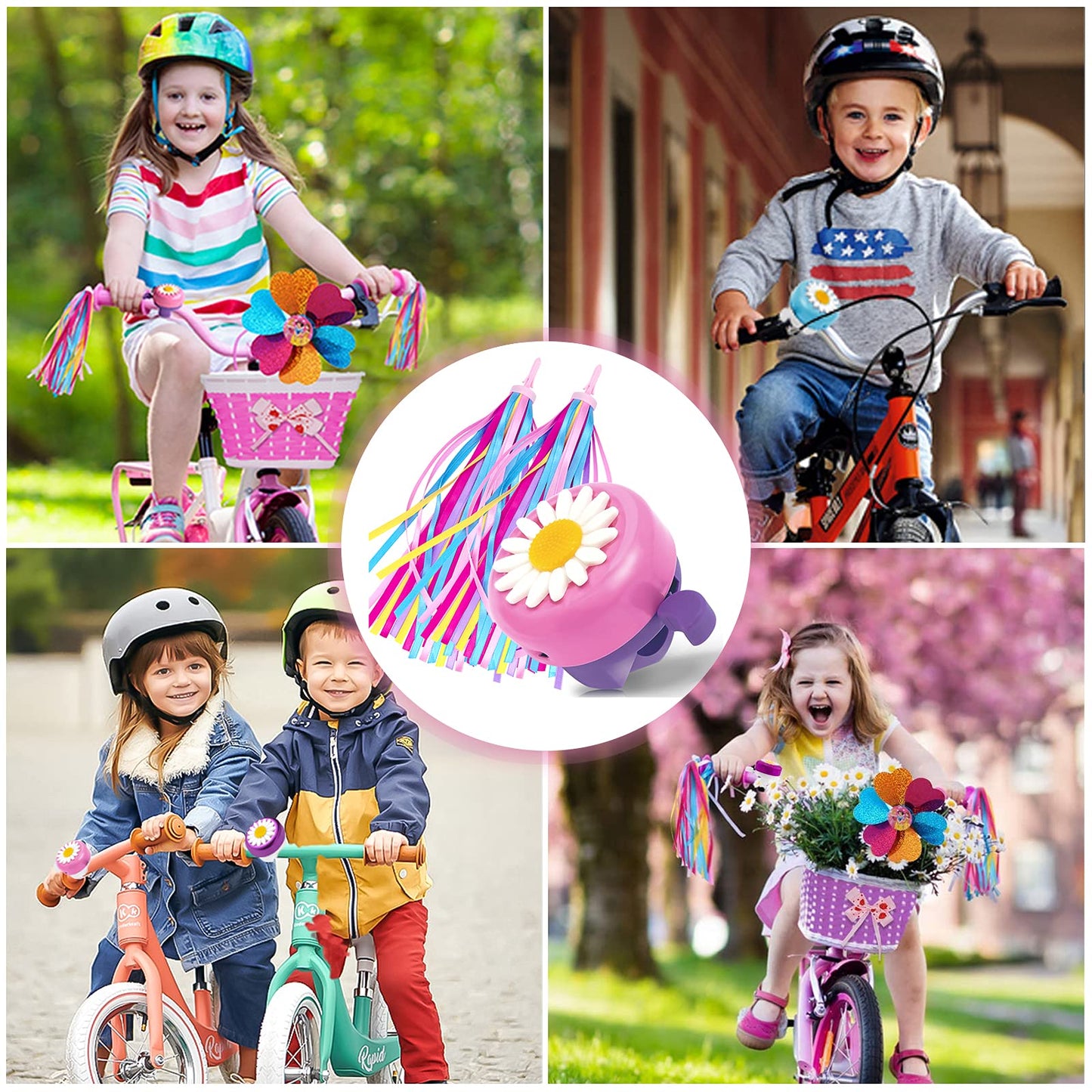 1 Pack Kids Bike Bell And 2 Pack Kids Bike Streamers For Children'S Bike Accessories (Pink, Red,& Blue) (Pink & Purple)