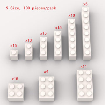 100 Piece White Bricks Bulk Assortment Pack, 9 Size White Classic Building Blocks Bricks, Compatible With Lego Parts And Pieces(