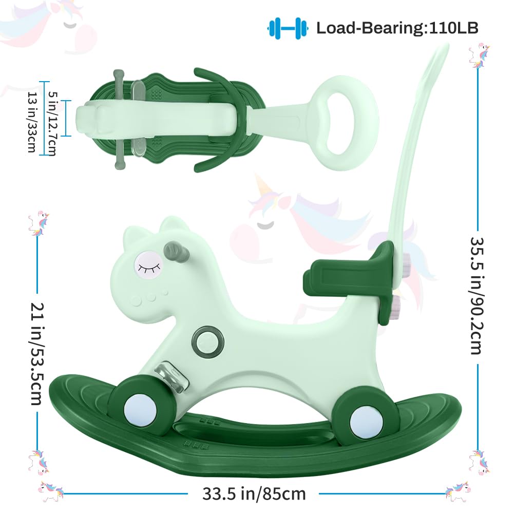 4 In 1 Rocking Horse For Toddlers 1-3 Years Old, Balance Bike Ride On Toys With Push Handle, Backrest And Balance Board For Baby Girl And Boy, Unicorn Kids Riding Birthday (Green)