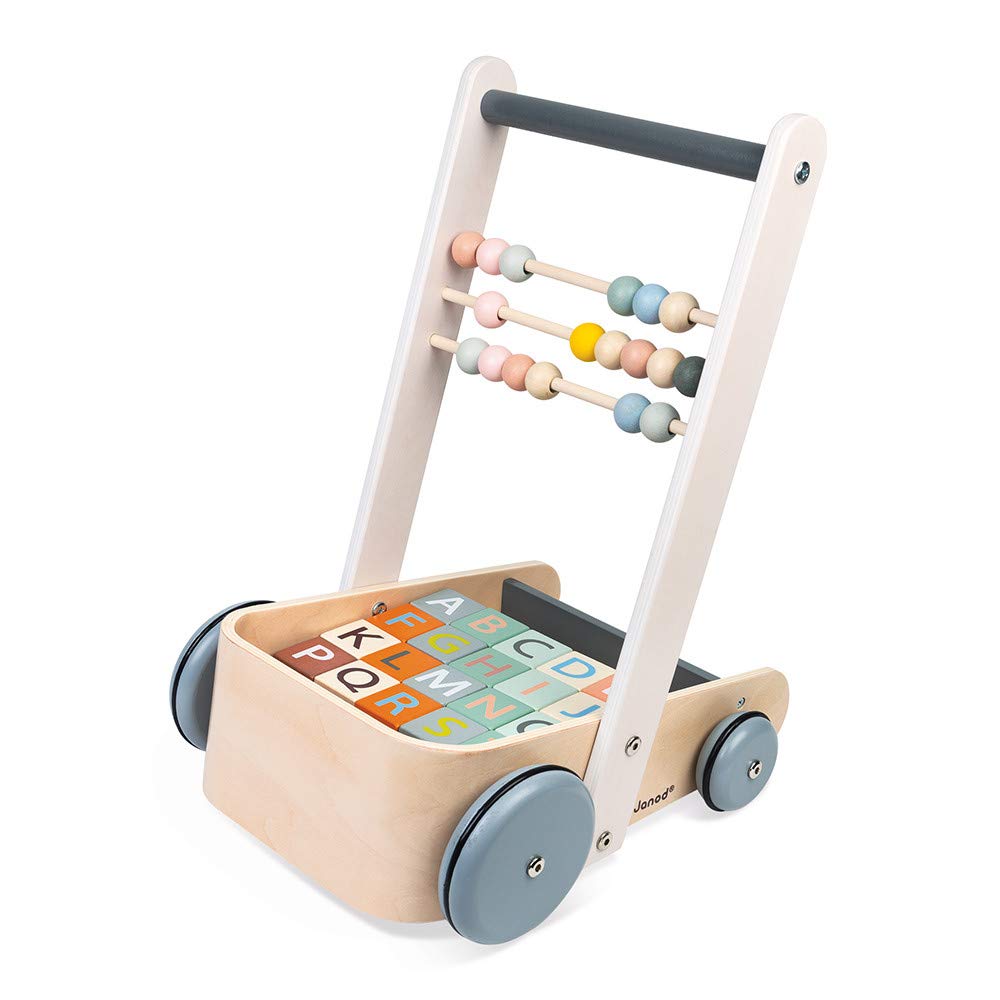Janod Sweet Cocoon Abc Block Cart Push Toy With 20 Abc Blocks - Ages 1+ - J04408