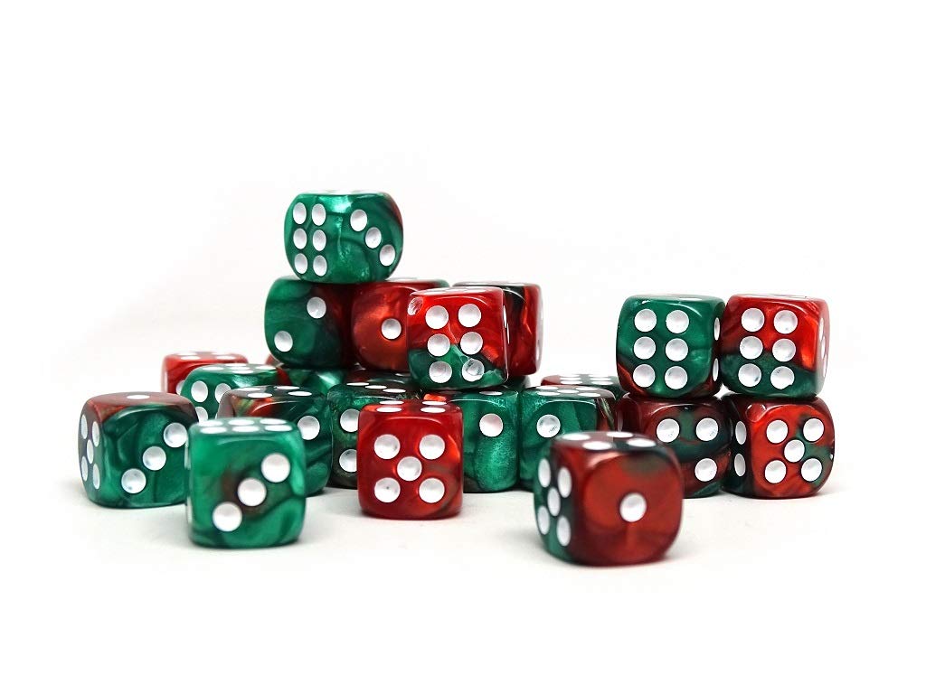 25 Count Pack of 12mm D6 Dice - Matching Collection of 6 Sided Dice with Pips (Green and Red Swirl)