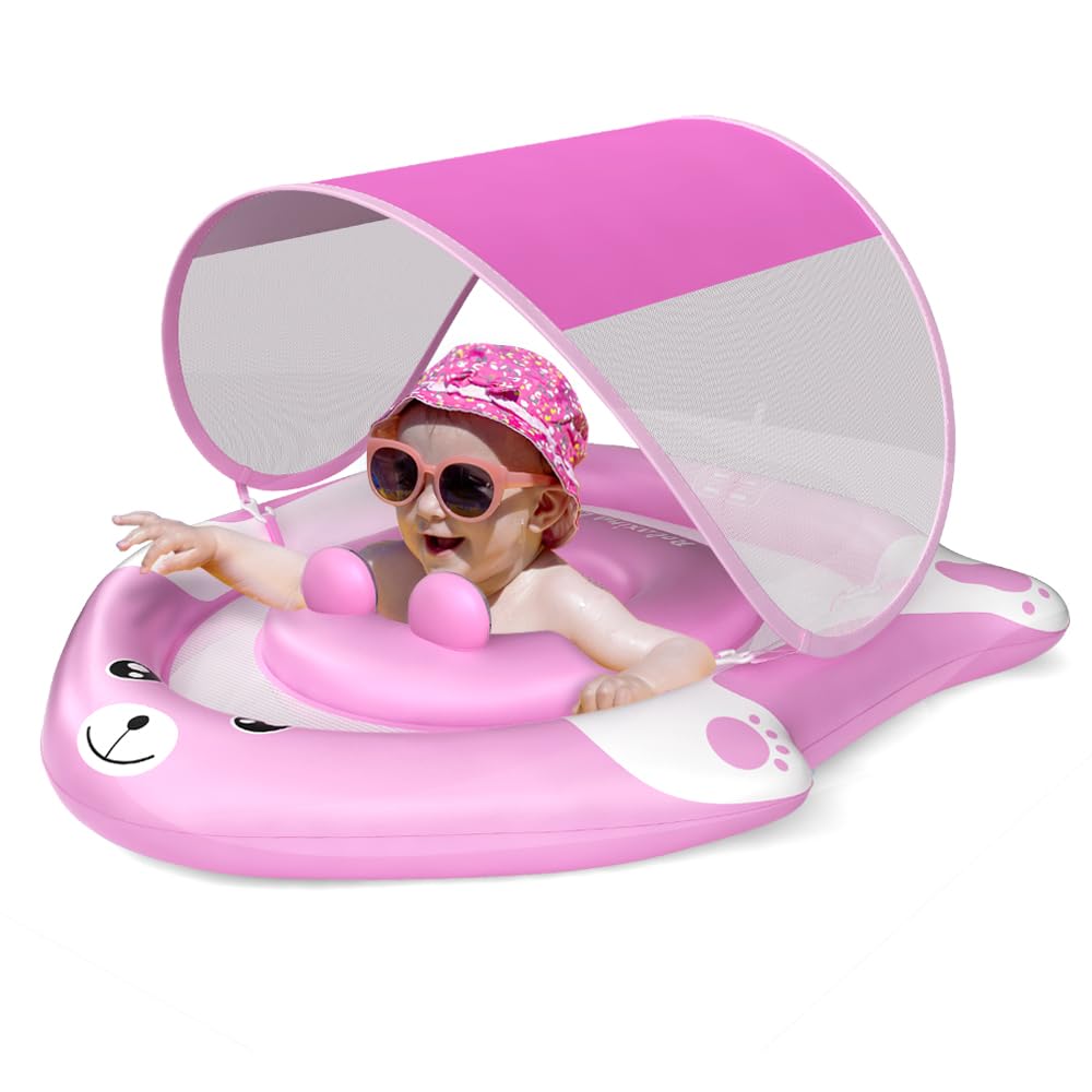 Relaxing Baby - Pool Float With Adjustable Seat Pocket,Baby Swimming Float With Canopy Of Upf 50+ Uv Protection, Super Safety Bear-Shaped Baby Floats For 6-36 Months,Pink Bear