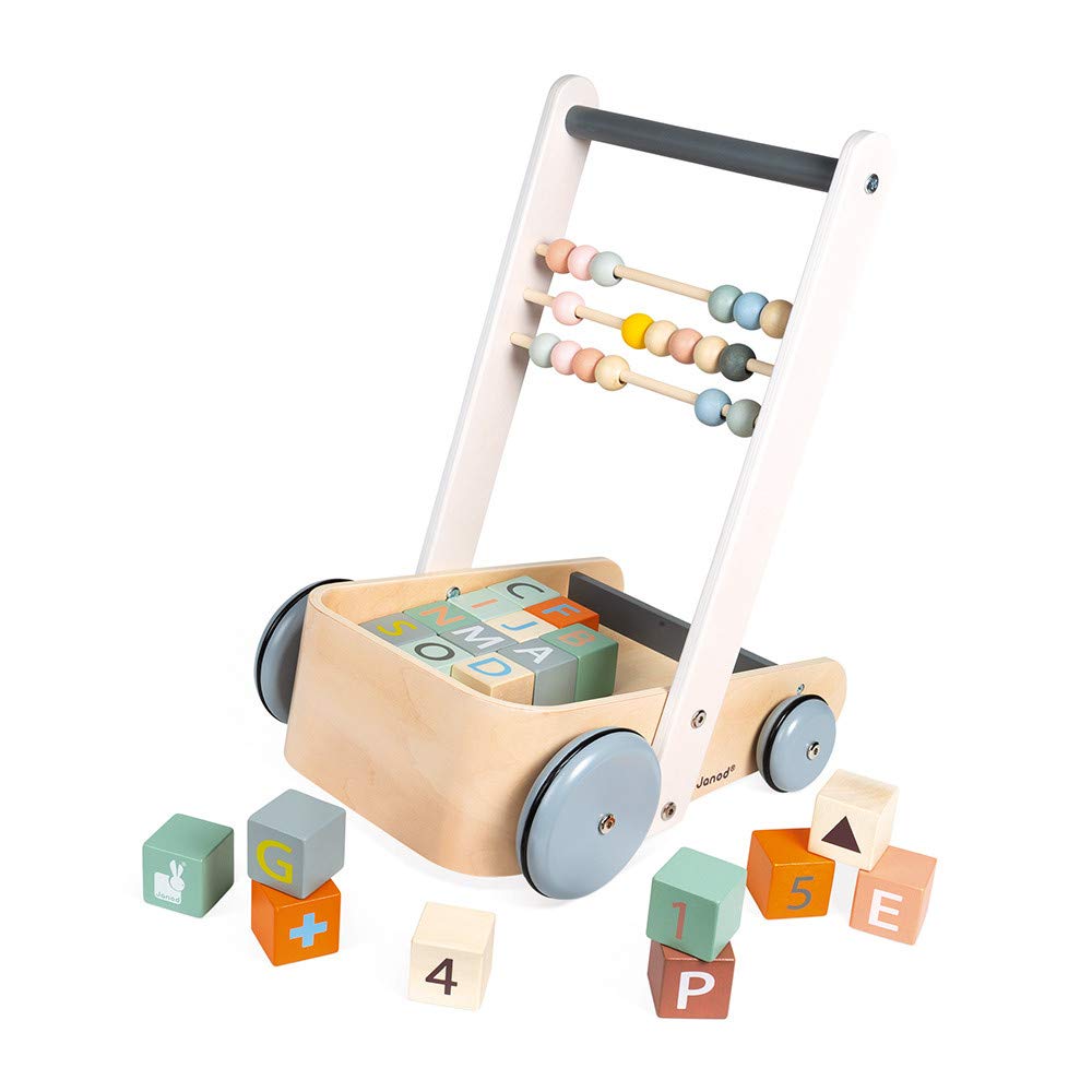 Janod Sweet Cocoon Abc Block Cart Push Toy With 20 Abc Blocks - Ages 1+ - J04408