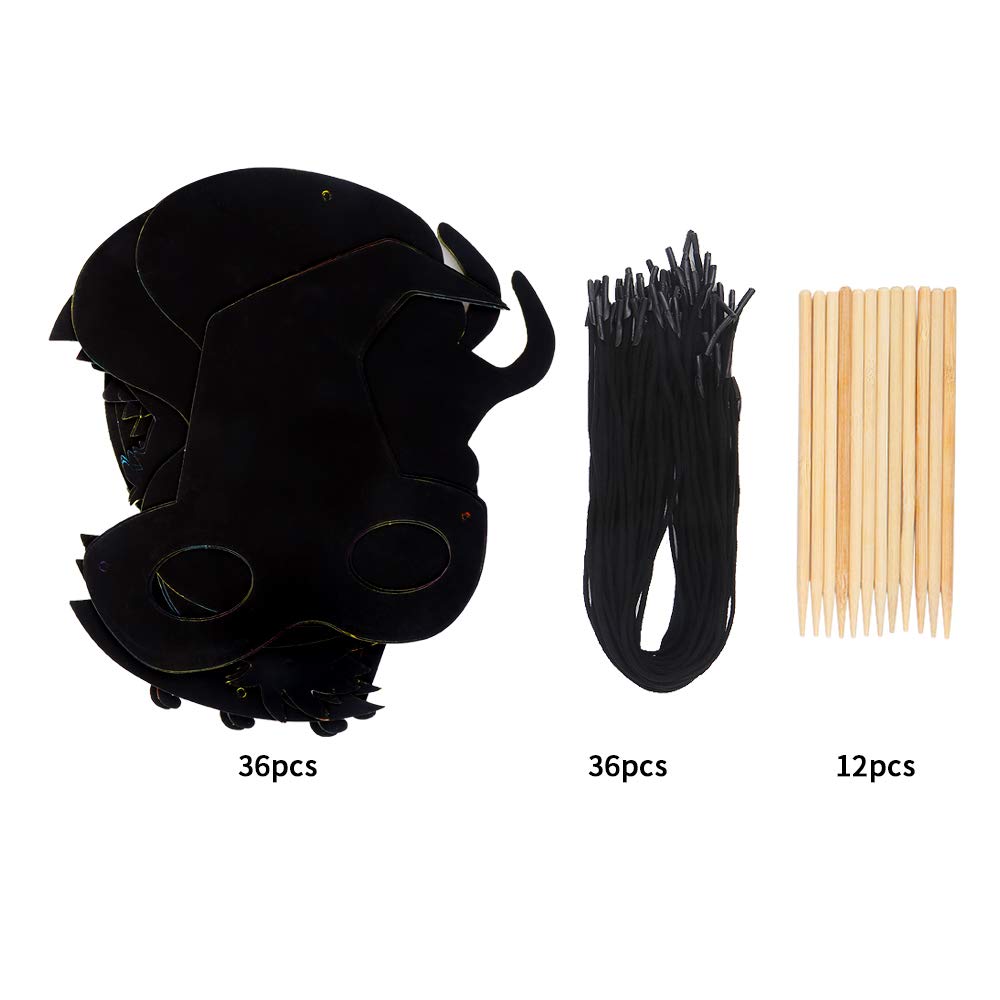 Ccinee 36Pcs Halloween Scratch Paper Mask, Magic Scratch Off Art Masks With Elastic Cords And Wood Stylus For Halloween Costume Dress Up Party Decorations