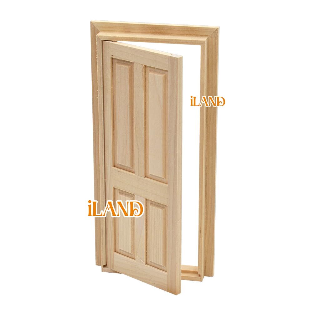iLAND Wooden Dollhouse Door w/Trims & Doorknob & Key, Dollhouse Buding Materials, Minaiture Dollhouse Accessories (Classic 4-Pan