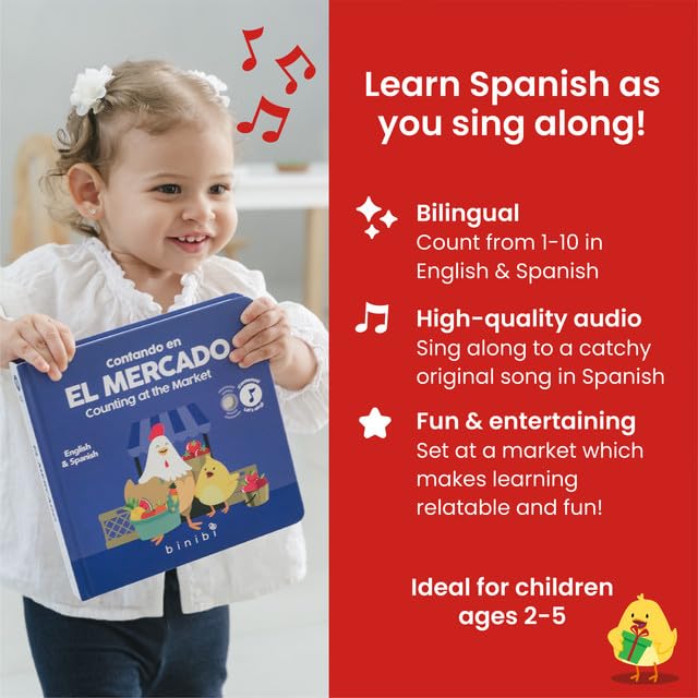 Binibi Spanish Musical Book Counting At The Market | Spanish Learning For Kids | Bilingual Children'S Book | Bilingual Book For Babies & Toddlers 1-3 | Libro En Español Para Bebés