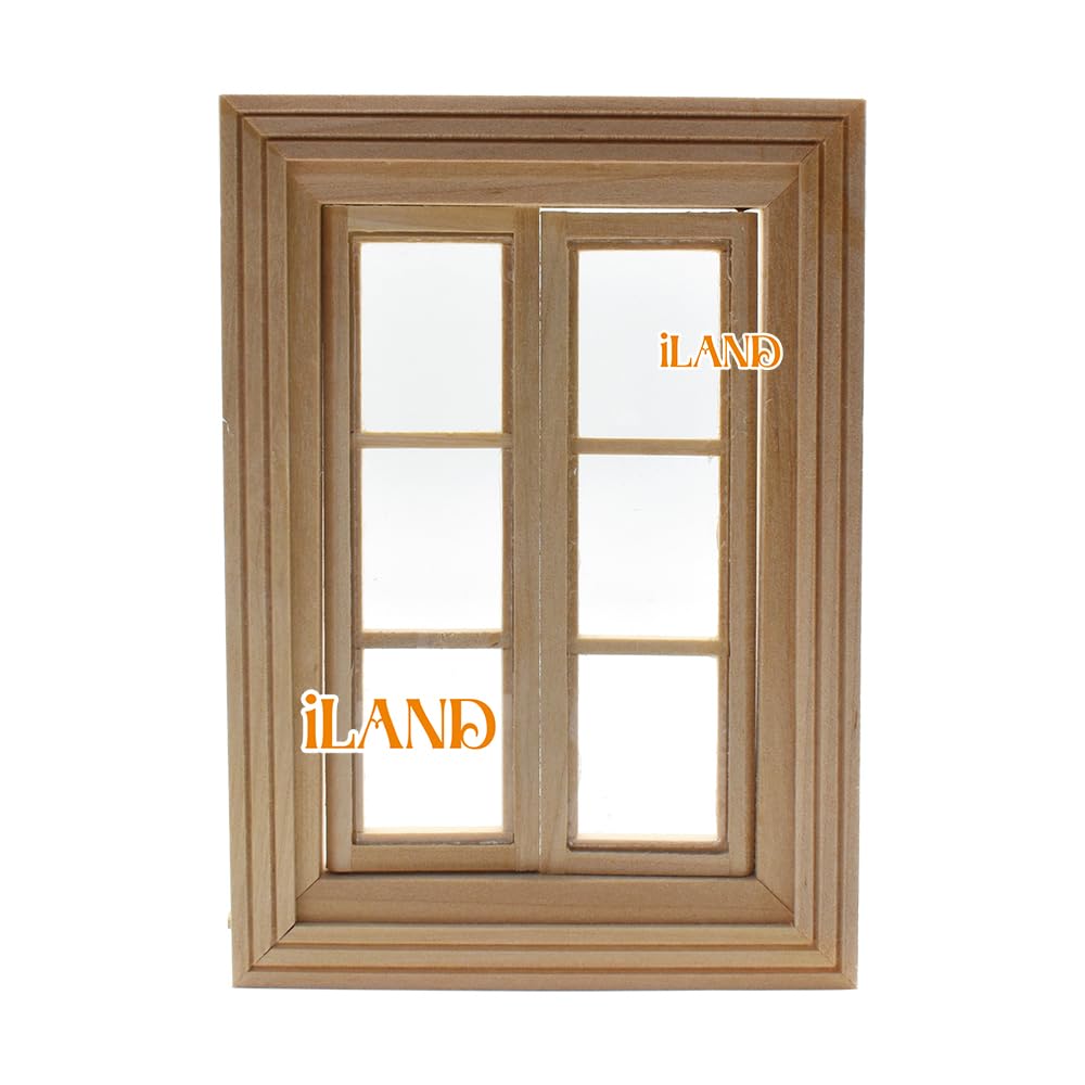 Iland Dollhouse Window, 1/12 Scale Accessories, Wooden Window Panes & Trims (Classic Push-Out)