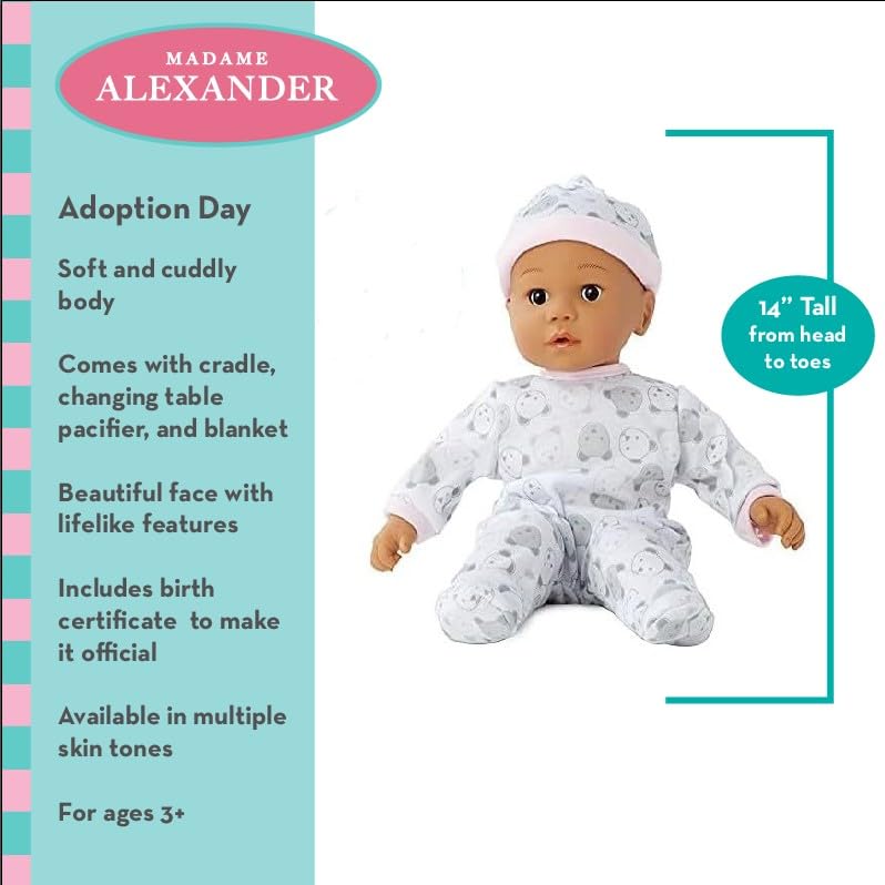 Madame Alexander 14' Adoption Day Baby Girl Doll, Medium Skin Tone, Brown Eyes,20453