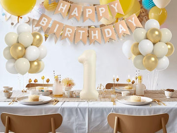 Yumiche Birthday Decorations Kit - 40" Cream Number 1 Balloon & HAPPY BIRTHDAY Banner with 12" White Sand Metallic Gold Balloons