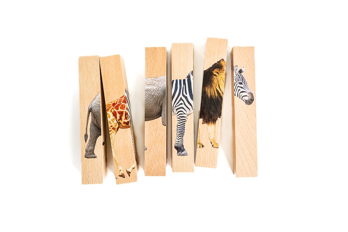 Wooden Animal Chunky Puzzles For Toddlers 2+ Years - Montessori 4 In 1 Safari Animal Block Puzzle Toy