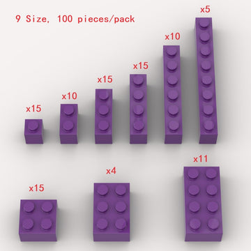 100 Piece Purple Bricks Bulk Assortment Pack, 9 Size Purple Classic Building Blocks Bricks, Compatible With Lego Parts And Piece