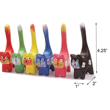 Set Of 6 Long Tail Kitty Cat Figurine Decorative Carved Wooden Cat Fgiures Kitties Statue Sculpture 4.25' Tall, Animal Cat Kitty Figurine Collection For Cat Lovers, Girls